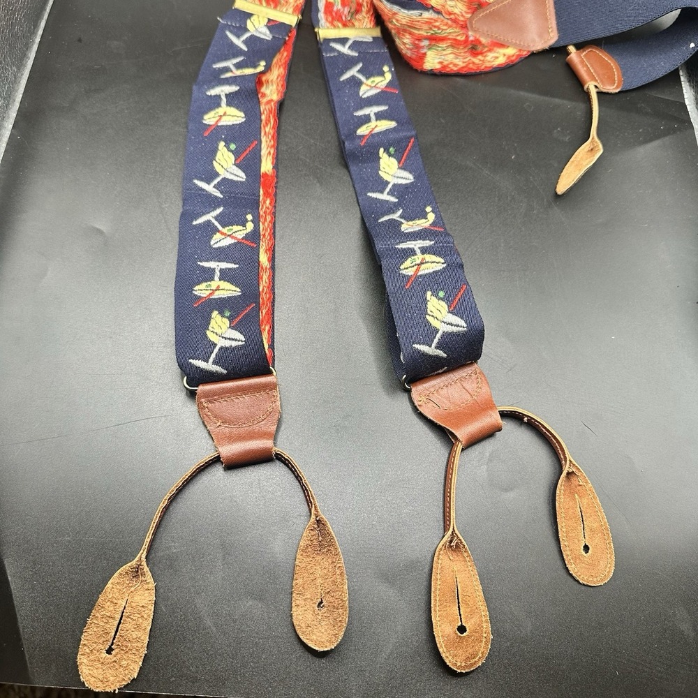 Navy Blue Ribbon Suspenders Embroidered Martini Glasses Brown Leather Closures - Picture 2 of 8